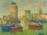 painting of boats in a harbor with a castle in the background