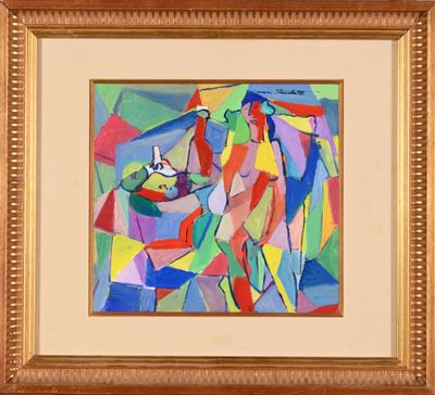 painting of a woman and a man with a dog in a room