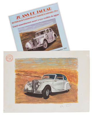 une peinture représentant une vieille voiture et une carte postale sur laquelle figure cette voiture