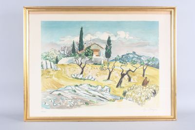 l'image d'un tableau représentant un paysage avec une maison au loin