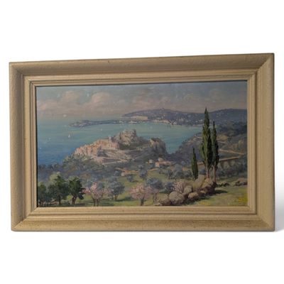 an oil painting of a view of a bay with a castle in the distance