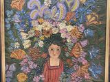un tableau représentant une femme avec un bouquet de fleurs devant elle
