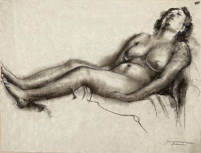 dessin représentant une femme nue assise sur un canapé, les jambes croisées