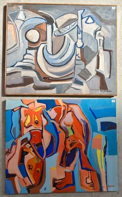 three paintings on a wall of different shapes and sizes