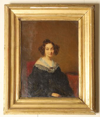 painting of a woman in a black dress sitting on a red chair