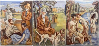 three paintings of men and women sitting on a bench next to a dog