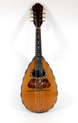 a close up of a mandolin sitting on a white surface