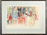 une aquarelle représentant un groupe de personnes dans la rue