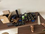 a wooden table with a lot of items on it