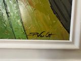 a picture of a painting of a cat sitting on a window sill