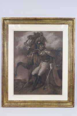 tableau représentant un homme à cheval dans un champ, avec un cheval