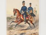 two men in uniforms riding on horses in the desert