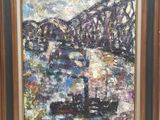 a painting of a boat in a body of water with a bridge in the background