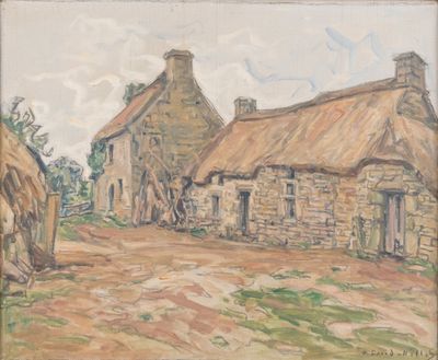 une image représentant un tableau d'un village avec un toit de chaume