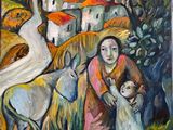 une peinture à l'huile représentant une femme et un enfant avec une chèvre