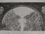 dessin représentant une vue d'une ville avec un pont enjambant une rivière