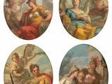 four round paintings of women and men on a white background