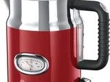 red electric tea kettle with a temperature gauge on a white background