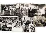 several old black and white photos of people holding up signs