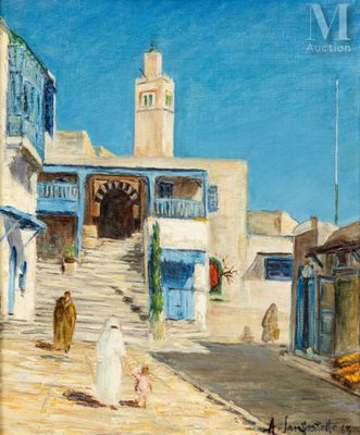 an oil painting of a street scene with people walking down it