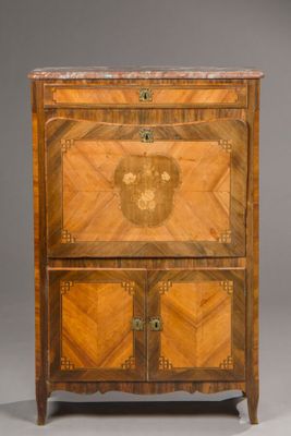 an antique wooden cabinet with two drawers and a door