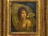 an old painting of a woman with a bird in her hand