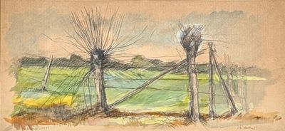 painting of a field with a wire fence and trees in the foreground