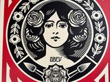 affiche de shepardic représentant une femme avec une rose dans les cheveux et les mots make art not war sur l'affiche