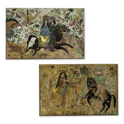 deux tableaux représentant un homme à cheval et une femme à cheval