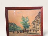 painting of a street scene with a horse drawn carriage in the foreground
