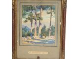 a painting of a landscape with trees in a gold frame