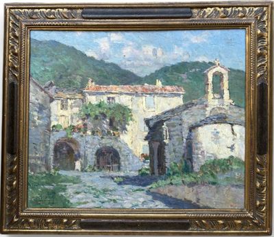 une peinture à l'huile représentant un village avec une église à l'arrière-plan