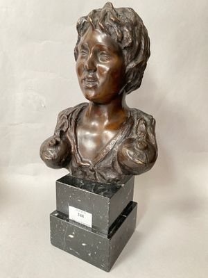 bronze bust of a woman in a dress sitting on a pedestal