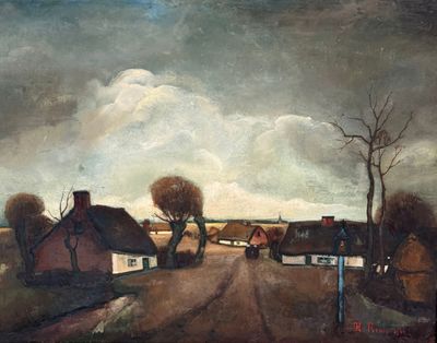 une image représentant un tableau d'une route de campagne avec des maisons et des arbres