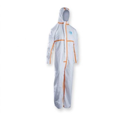 a white suit with orange trims and hood on a mannequin