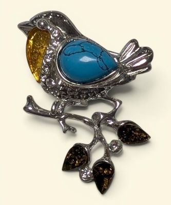 Petite broche "Rouge gorge branché" en argent 925/oo agrémen…