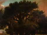 painting of a group of people standing under a tree in a field