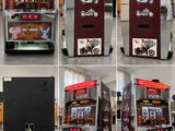 four different images of a vending machine in a building