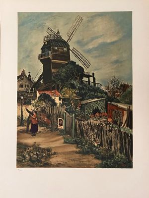 a painting of a windmill on the side of the road