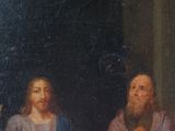 painting of a group of men sitting at a table with food in front of them