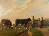 un tableau représentant une femme s'occupant de vaches dans un champ