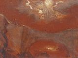 une image représentant un tableau où l'on voit un oiseau volant au-dessus d'une montagne