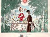 tableau représentant un homme et une femme assis à une table dans un jardin