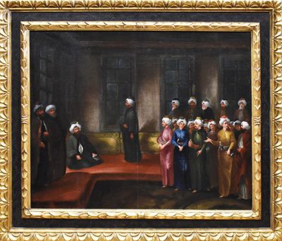 une image d'une peinture représentant un groupe de personnes devant un bâtiment