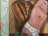 painting of a man in underwear holding a naked man in front of a refrigerator