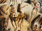 a painting of a group of people standing around a man on a horse