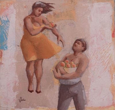 tableau représentant un homme tenant un panier de fruits à côté d'une femme en robe jaune