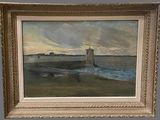 an oil painting of a boat in a body of water