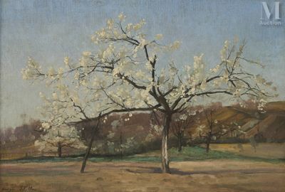 une peinture à l'huile représentant un arbre dans un champ, sur lequel est perché un oiseau