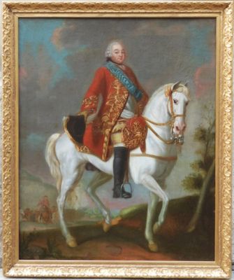 painting of a man in a red coat riding on a white horse